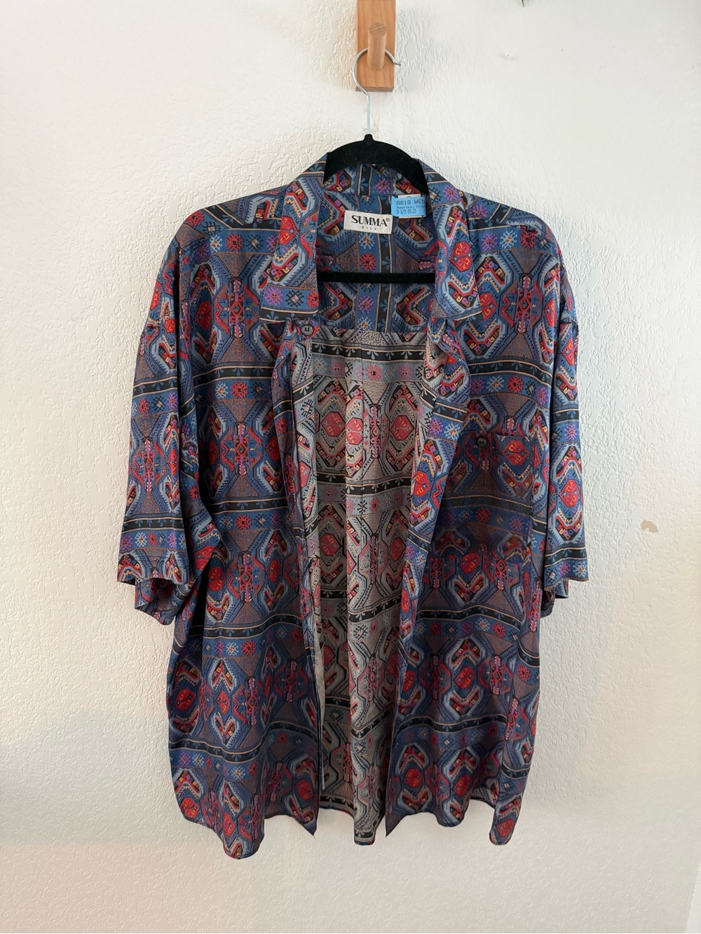 Vintage SUMMA Silk Open Front Patterned Short Sleeve Shirt - Blue & Red